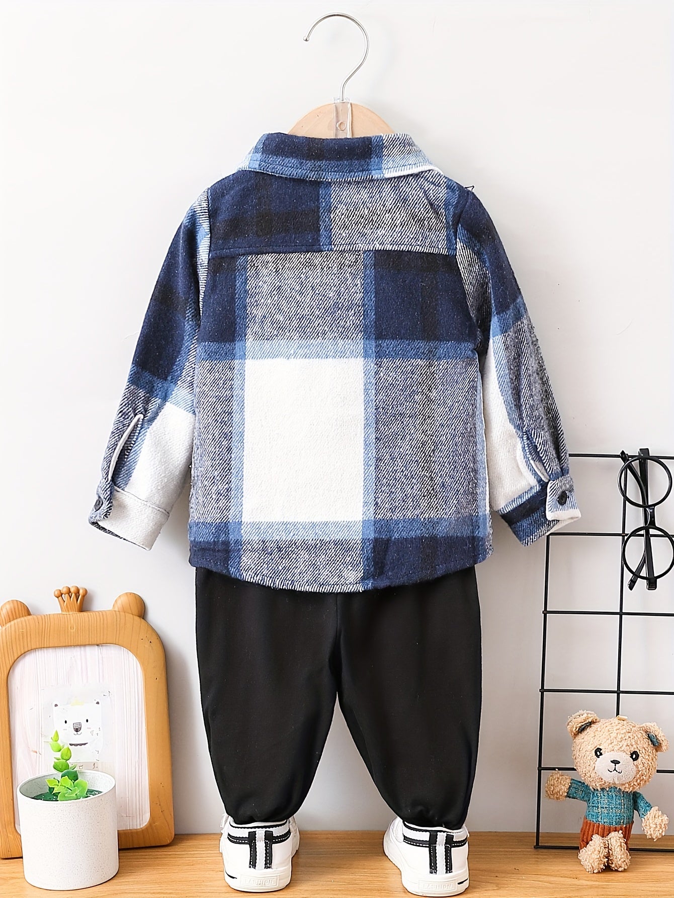 Baby Boys Stylish Lapel Plaid Coat Solid Color Trousers 2pcs Cotton Outdoor Set For Autumn And Winter Without T-shirt