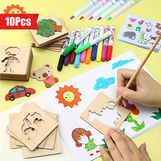 10pcs Educational Toys, Arts Crafts Setwooden Drawing Stencils Kit, Drawing Board Toys Coloring Puzzle, Christmas, Halloween Gaming Gift Thanksgiving