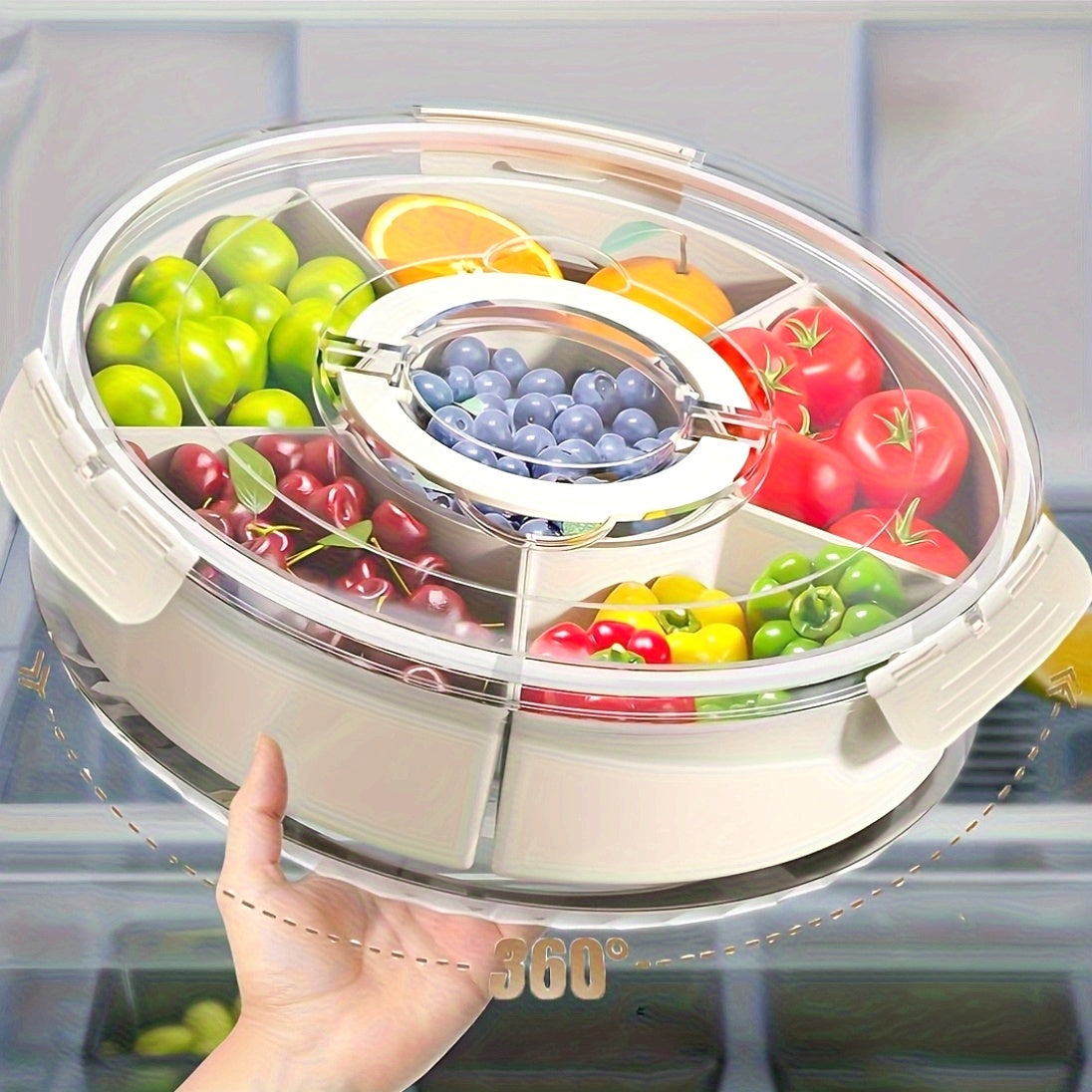 1pc HOOFUN Rotating Fruit and Vegetable Tray with Lid and Handle - Durable Plastic, Multi-Compartment Organizer for Kitchen Storage, Ideal for Snacks and Produce Display, Kitchen Organizers And Storage