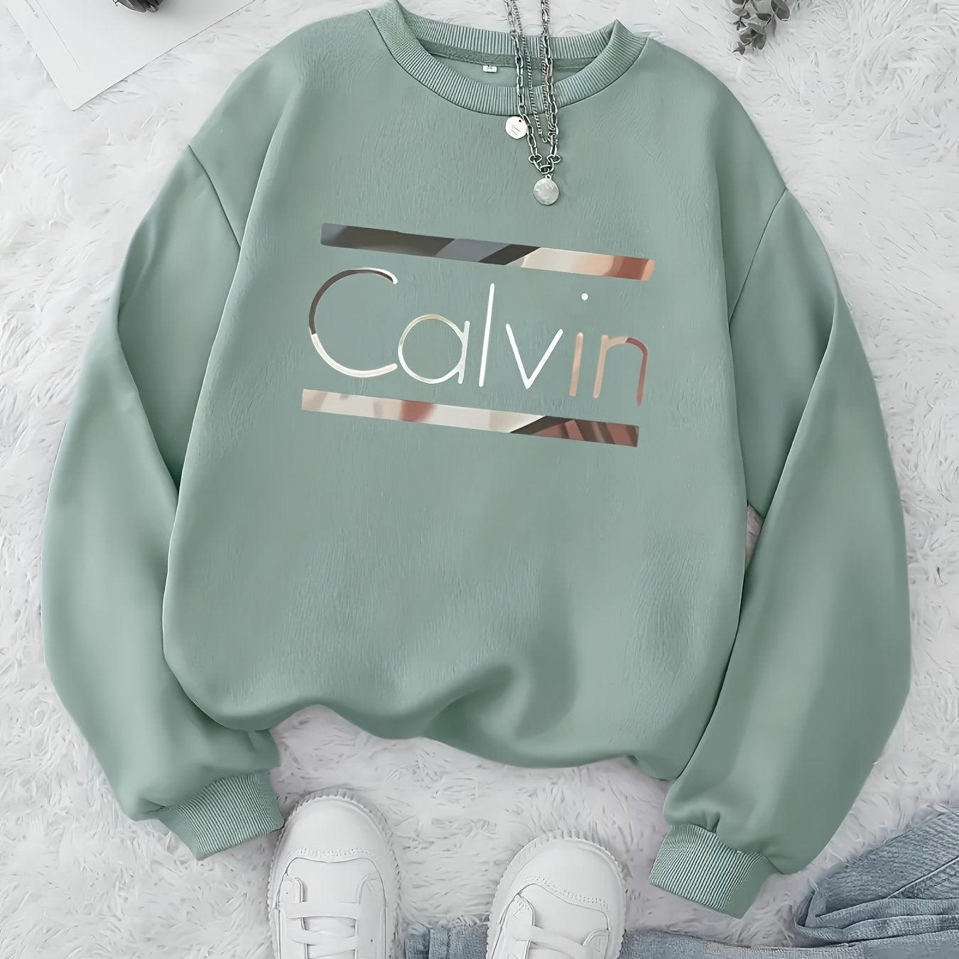 Women'S Casual Crew Neck Sweatshirt with "Calvin" Letter Print - Soft Blue, Long Sleeves, All-Season Comfort, Casual Wear|Graphic Sweatshirt|Comfortable Fit, Sweater Hoodie
