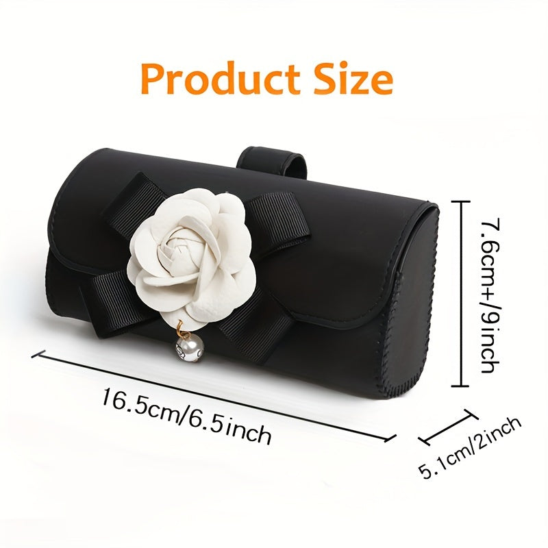 Stylish Camellia Flower Design PU Leather Car Visor Sunglasses Holder - Universal Eyeglass Clip with Bow and Pendant - Convenient Glasses Storage Box for Automotive Sun Visor Accessories