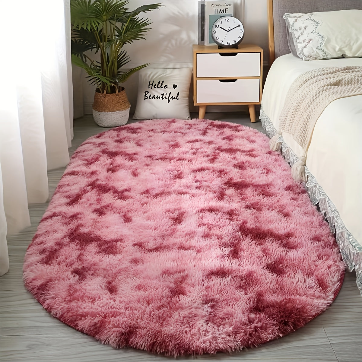 [Ultra-Soft] Oval Tie-Dye Plush Area Mat | Luxurious Faux Fur | Anti-Slip Backing, Stain & Absorbent | Living Room & Bedroom | Modern