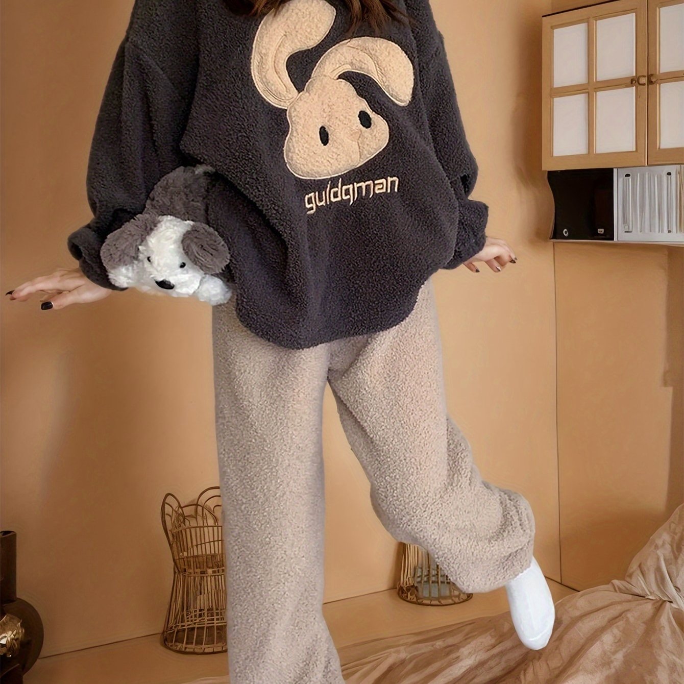 Thick Fleece Women's Lounge Set, Cute Bunny & Letter Pattern Long Sleeve Round Neck Top & Pants, Comfortable Relaxed Fit For Fall & Winter