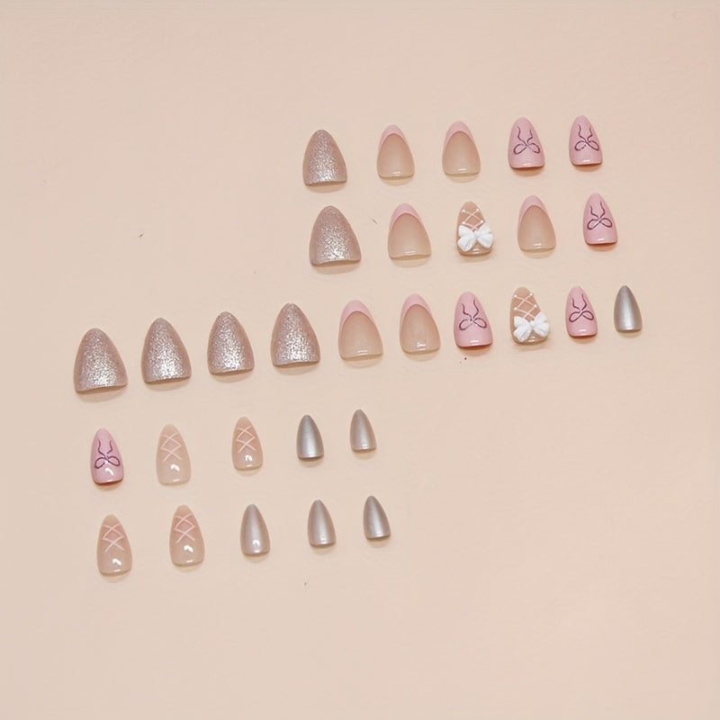 24pcs of Pink Bow Sweet And Cute Push-On False Nails, One Jelly Glue And One Nail File