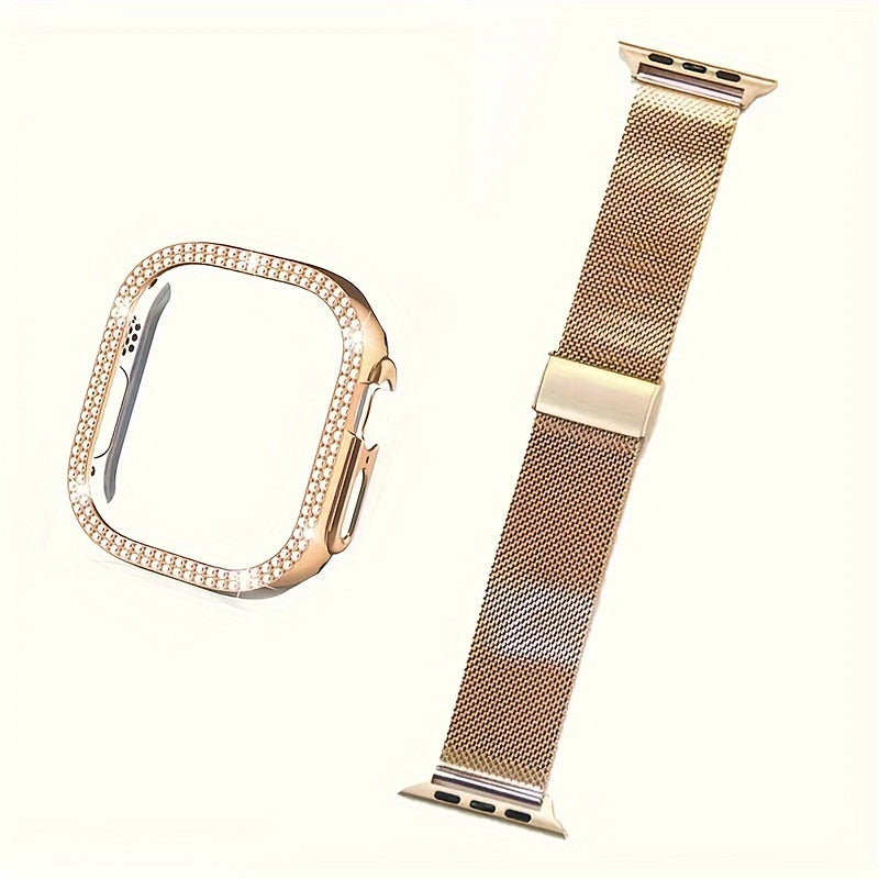 Dial Milan + Diamond Shell Golden Black Rose Golden Breathable Stainless Steel Braided Mesh Metal Strap Adjustable Suitable for iWatch series se s9 8 7 6 5 4 3 2 1 Series 2pcs Combination High-end Luxury Anti-collision Anti-scratch PC Hard Material Inlaid