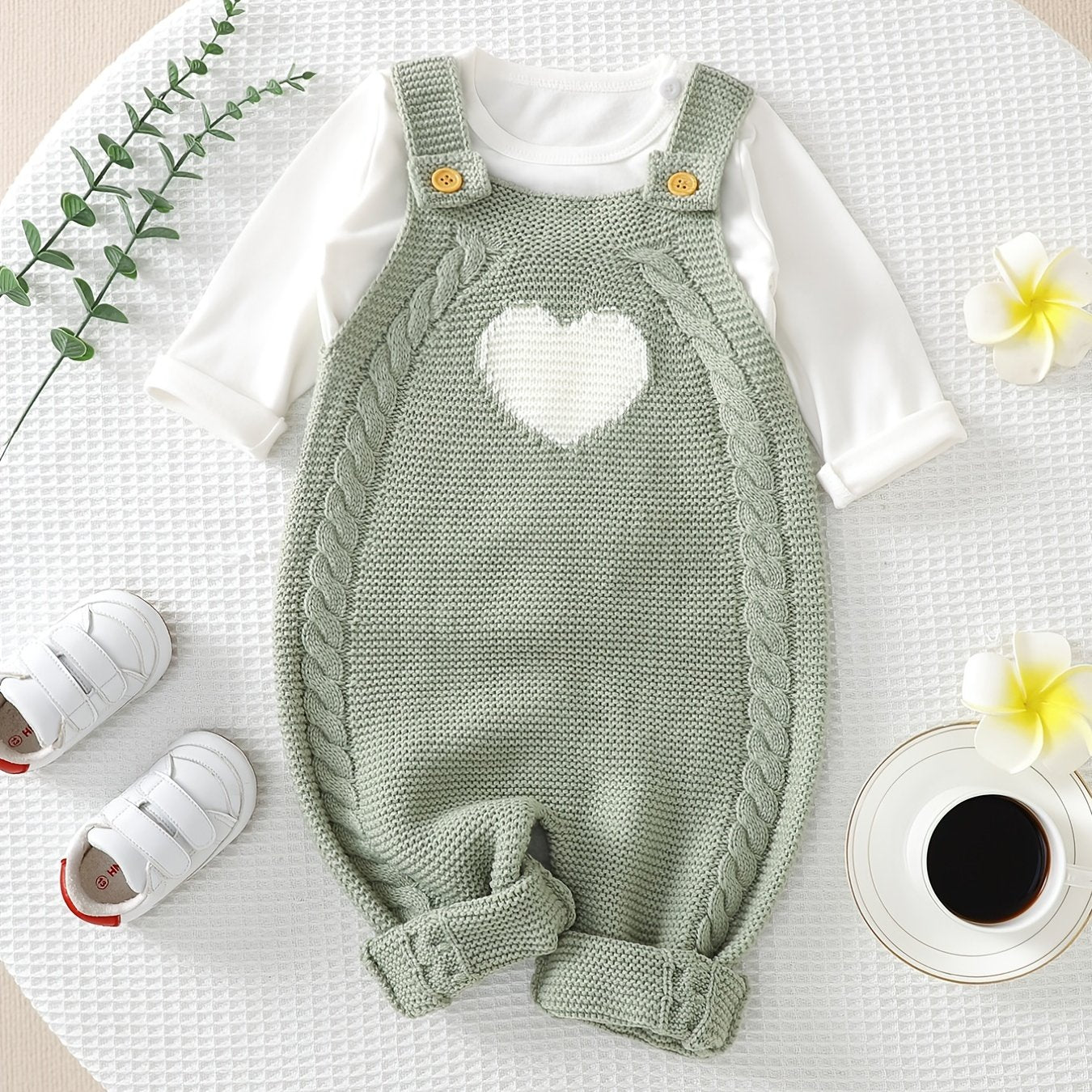 Unisex Bodysuit with Heart Jacquard Detail - Soft 100% Acrylic Square Neck Winter Outfit, Elastic Crotch & Snap Closure, Light Green Adorable Clothing for &, Perfect for Outdoor