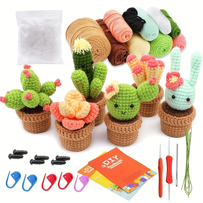 [Crochet Starter Kit] 6pcs Mixed Crochet Starter Kit - Crochet Kit for Beginners with Crochet Hooks, Yarn, Polyester Fiber, Stitch Markers, Plastic Eyes and Instructions