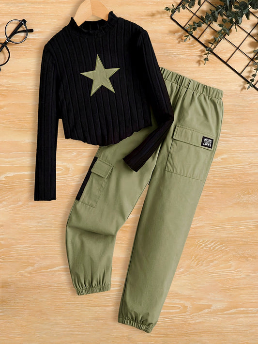 [Girls' Top Set] Girls' Fashion - Cartoon Embroidered Star Long Sleeve Top and Green Overalls Set - Perfect for Outdoor