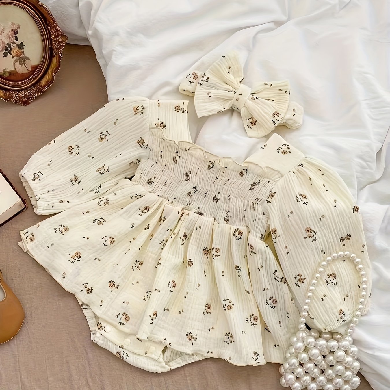 Baby Princess Dress with Small Floral Print And Climbing Suit