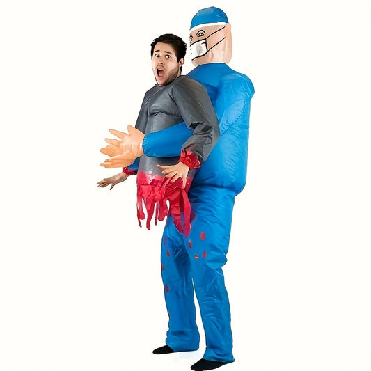 Spooky Halloween Inflatable Doctor Costume - Bloody Half-Body, USB Powered, Polyester Material, Scary Party Suit with Mask