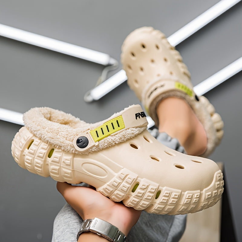 Unisex Winter Fleece-Lined Slip-On Clogs with Removable Plush Inner Lining, Non-Slip EVA Sole & Thick Insulation for Snow & Cold Weather - Beige Casual Shoes for Men and Women, Winter Shoes, Outdoor Footwear, Unique Tread Pattern, Durable Grip Footwear