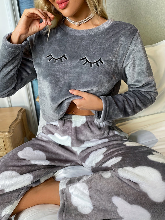 1set Women's Cozy Flannel Pajama Set, Cartoon Cloud Print, Casual Round Neck, Knitted Fabric, Adult Loungewear for Autumn/Winter