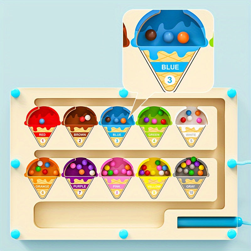 Wooden puzzle maze toy, focusing on training color classification, numerical calculation, suitable for children over three years old to walk in the maze magnetic ice cream Christmas, birthday gifts, Best for Christmas