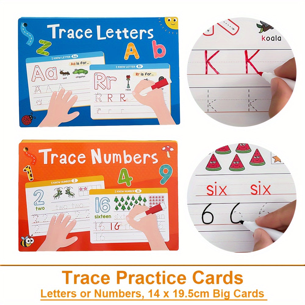 1 Set/2 Sets Trace And Wipe Educational Flash Cards Set, Alphabet Letters & Numbers With Phonics, Reusable Dry Erase Handwriting Practice Tool, ABC Learning Cards For Activities