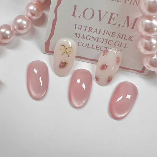 24pcs Cute Strawberry & Bowknot Removable Press-On Nails - Pink Cat Eye Effect, Short Oval False Nails with Glossy Finish, Easy to Wear & Remove, Perfect for Casual Attir