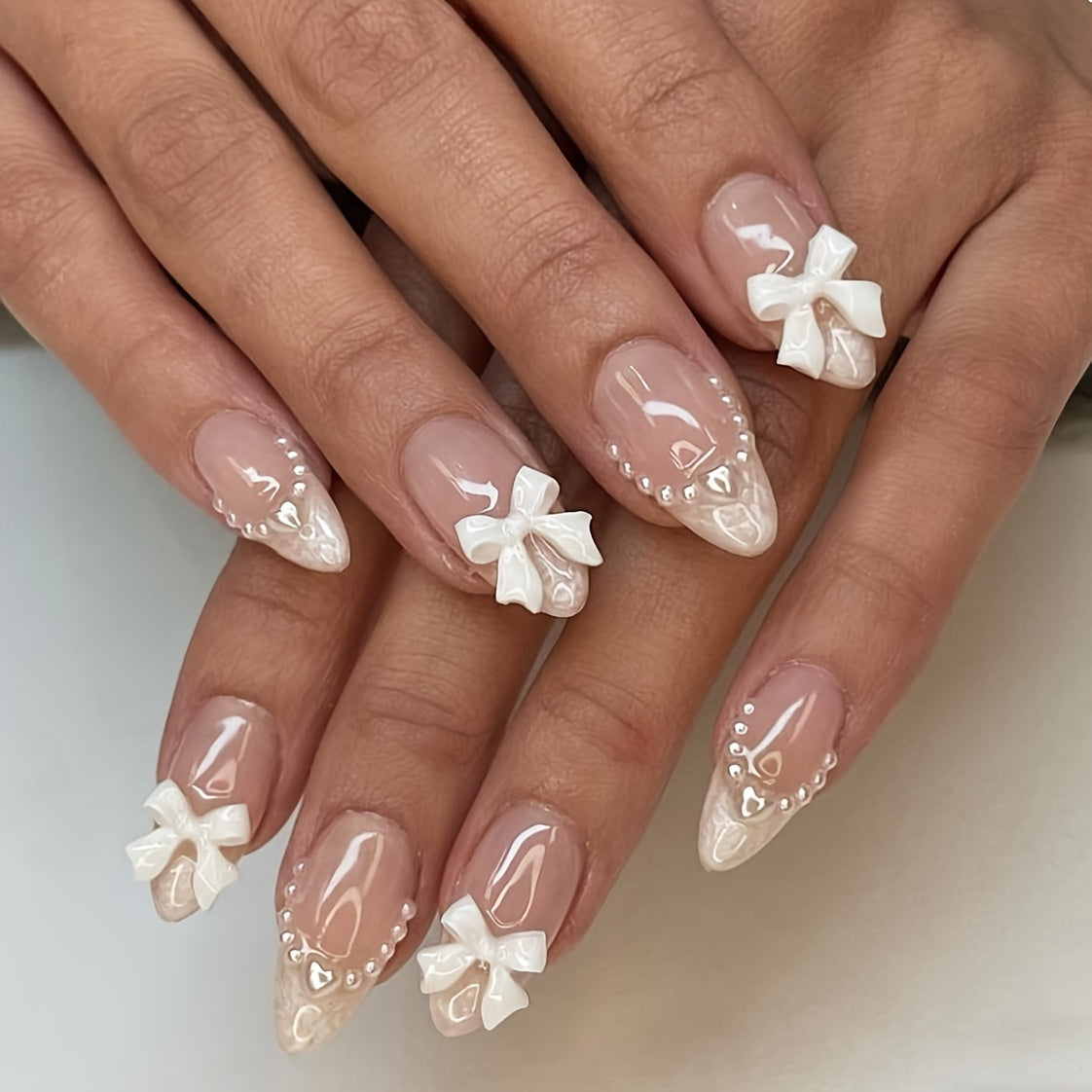[24PCS Pearl Press-On Nails] 24 Pieces Elegant Pearl and Heart Bow Press-On Nails | Short Almond Shape, Mixed Color, Glossy Finish for Women and Girls