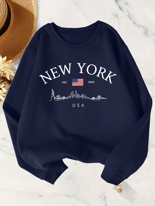 Women's New York 1624 Graphic Plush-Lined Sweatshirt - Patriotic NYC Skyline & American Flag Print, Cozy Round Neck Long Sleeve Pullover for Fall Winter Casual Wear, Comfortable Hline