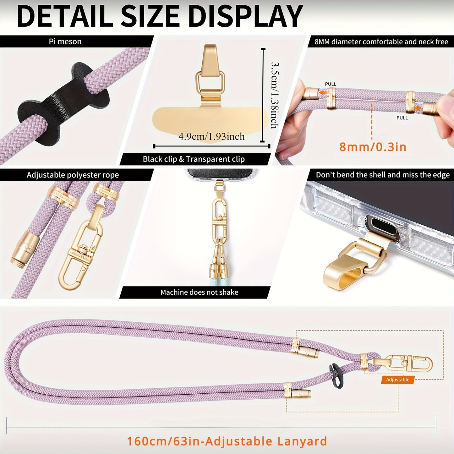 63-Inch Adjustable Crossbody Phone Lanyard with Clip - Durable, Anti-Theft Wrist Strap for Secure Shopping & Travel - Available in Multiple Colors