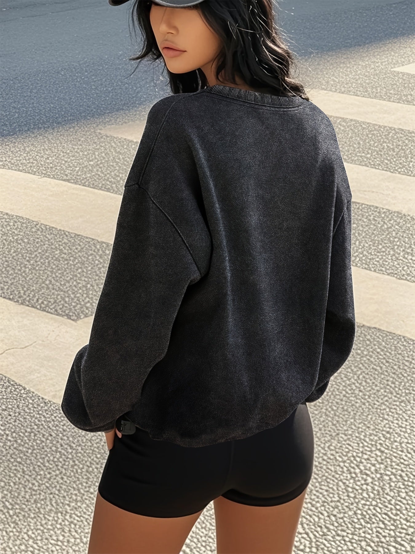 Women'S Casual Vintage Washed Sweatshirt with "Aje." Letter Print, Gray Crew Neck, Long Sleeves, Frayed Hem, Polyester Blend, Fall/Winter Collection, Casual Wear | Relaxed Fit Sweatshirt | Polyester Blend