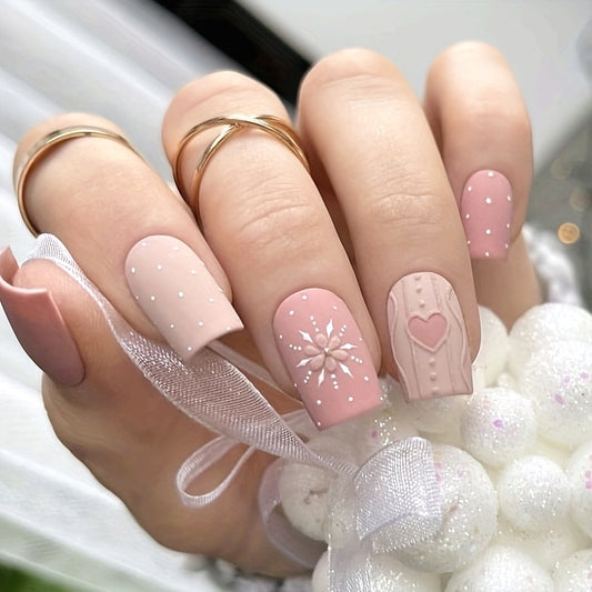 24pcs of Girlie Pink Sweet Heart-Shaped French Matte Textured False Nails Ready to Wear.