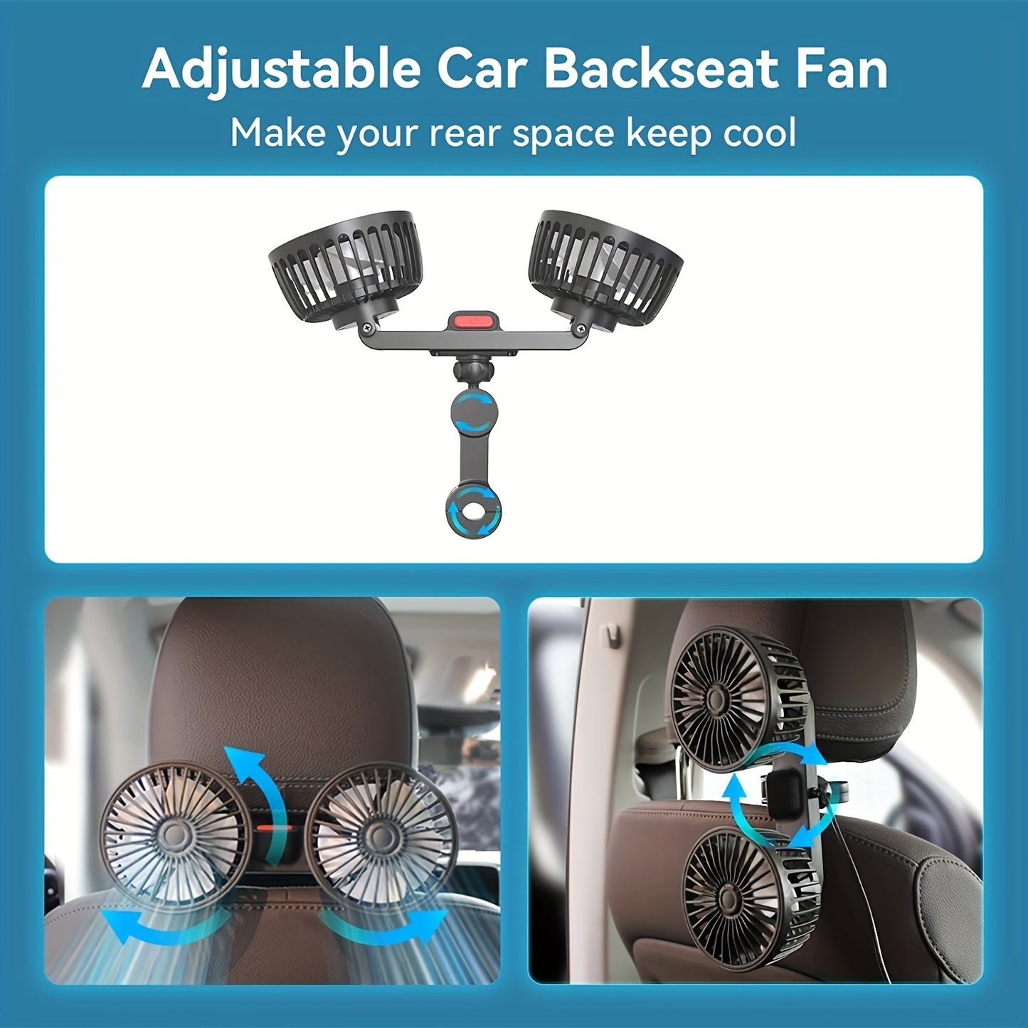 Car Fan, Dual-Head Car Ventilator, High Airflow Rear Seat Fan with Adjustable Speeds and Multi-Angle Rotation for Strong Wind Power