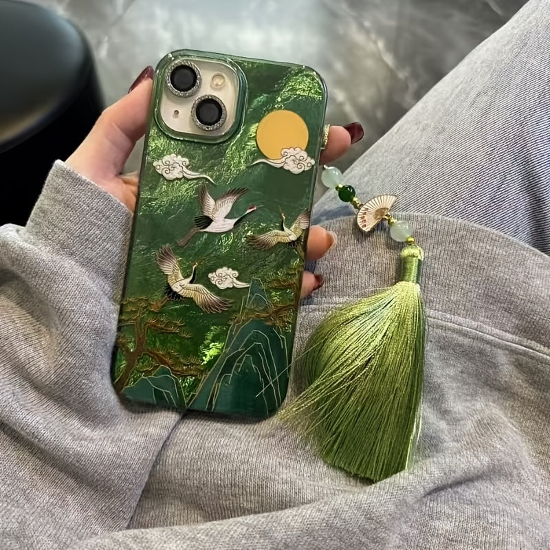 Vortex Pattern High Mountain Auspicious Cloud Crane Phone Case with Ancient Fan Tassel for iPhone 11 12 13 14 15 16 pro max