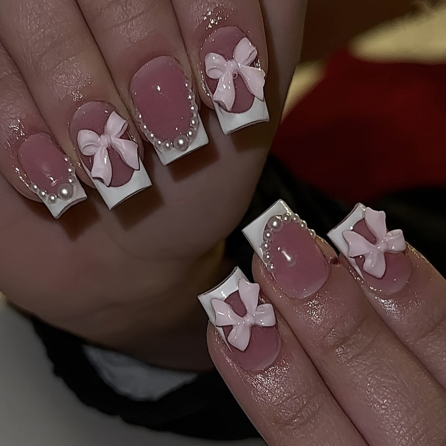 24pcs Pink French Press-On Nails with Bow & Dot Design - Short Coffin Shape Glossy Fake Nails for Women & s, Everyday & Special Occasions, Nails Accessories, Fashion Accessories, Sweet Aesthetic Nails, Decorative Pressons