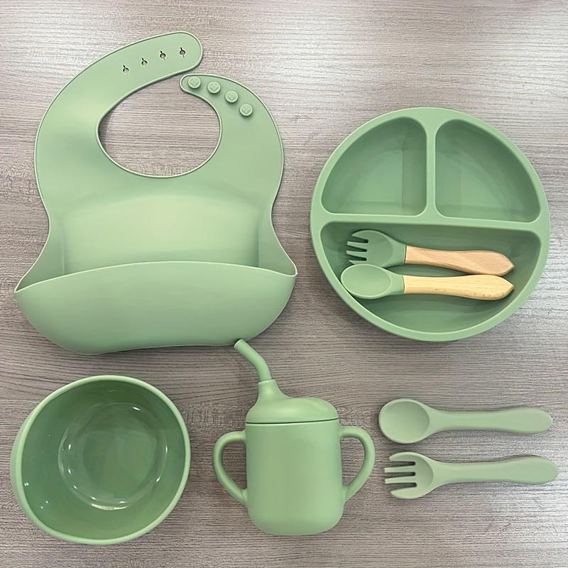 WHZWYK Silicone Baby Feeding Set - Microwave & Oven Safe - For 0-3 Years - Includes Suction Plate, Soft Bowl, Spoons, Forks, Adjustable Bib, Snack Cup - Self-Feeding Supplies