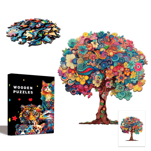 Wooden Jigsaw Puzzle for Adults - Floral Tree of Life with Irregular Animal-Shaped Pieces, Vibrant Artwork, Challenging Brain Teaser & Unique Gift for Focus & Creativity, Decorative Art Painting, Creative Focus Exercise | Intricate Craftsmanship, Wooden P
