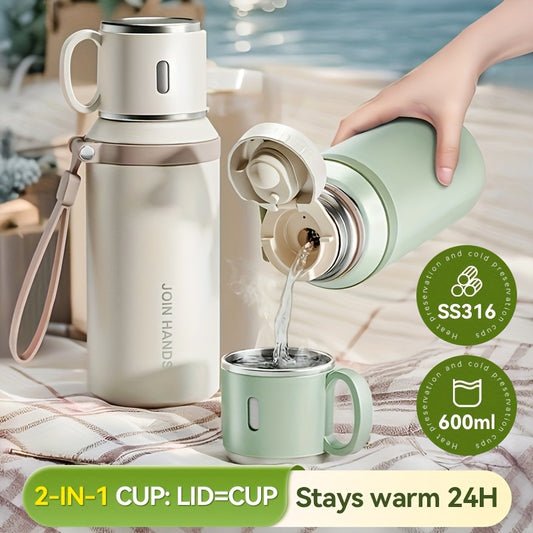 316 Stainless Steel 600ml Double-Wall Vacuum Insulated Water Bottle | 24-Hour Cold Retention | Portable with Carrying Strap - Ideal for Camping, Hiking & Outdoor Adventures