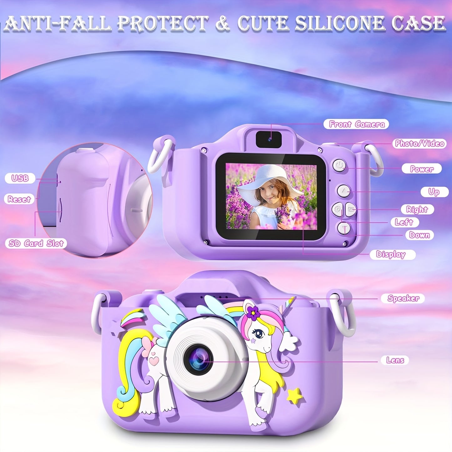 Unicorn-Themed Youngsters' HD Digital Camera with Front & Rear Lenses, Rechargeable Portable Toy with Video Games, 32GB Storage, USB Charging, Bright Pink/Purple, Perfect Birthday Gift for Boys & Girls Ages 3-12, Youngsters's Digital Camera | Whimsical De