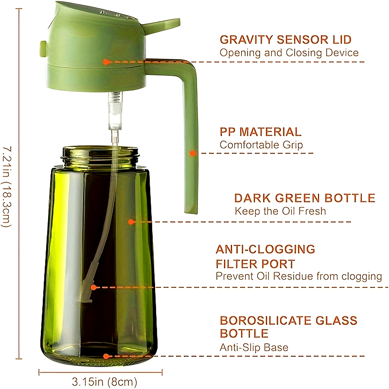 16oz Olive Green Glass Olive Oil Dispenser - 2-in-1 Oil Bottle and Cooking Sprayer with Auto Flip Cap and Label Stickers (Light Blocking)