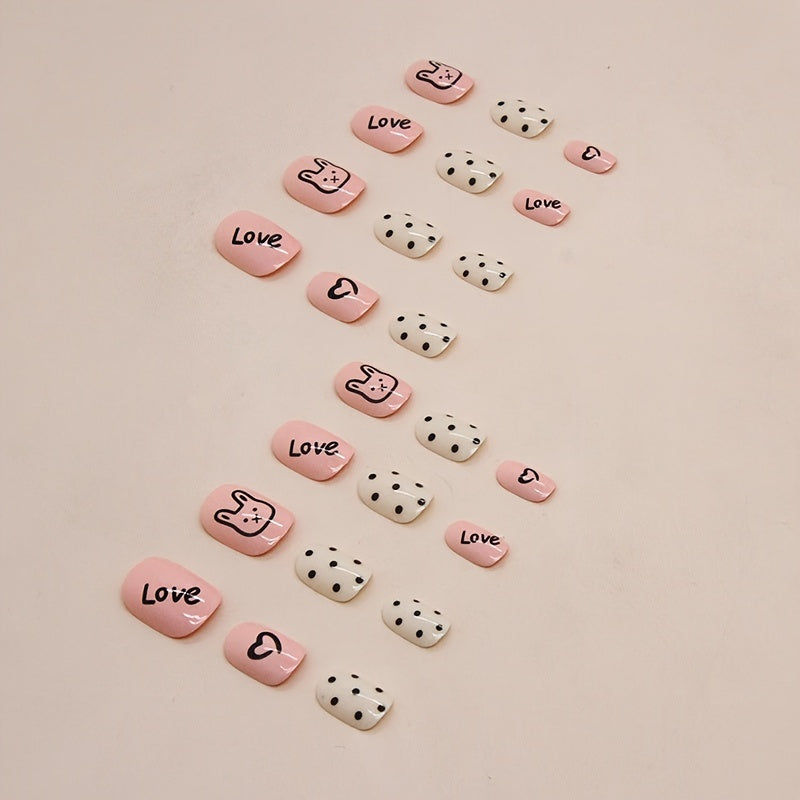 24pcs Small Square Press-On Nails in Pink with Cute Bunny Polka Dot and Heart Design, Includes Jelly Glue & Nail File