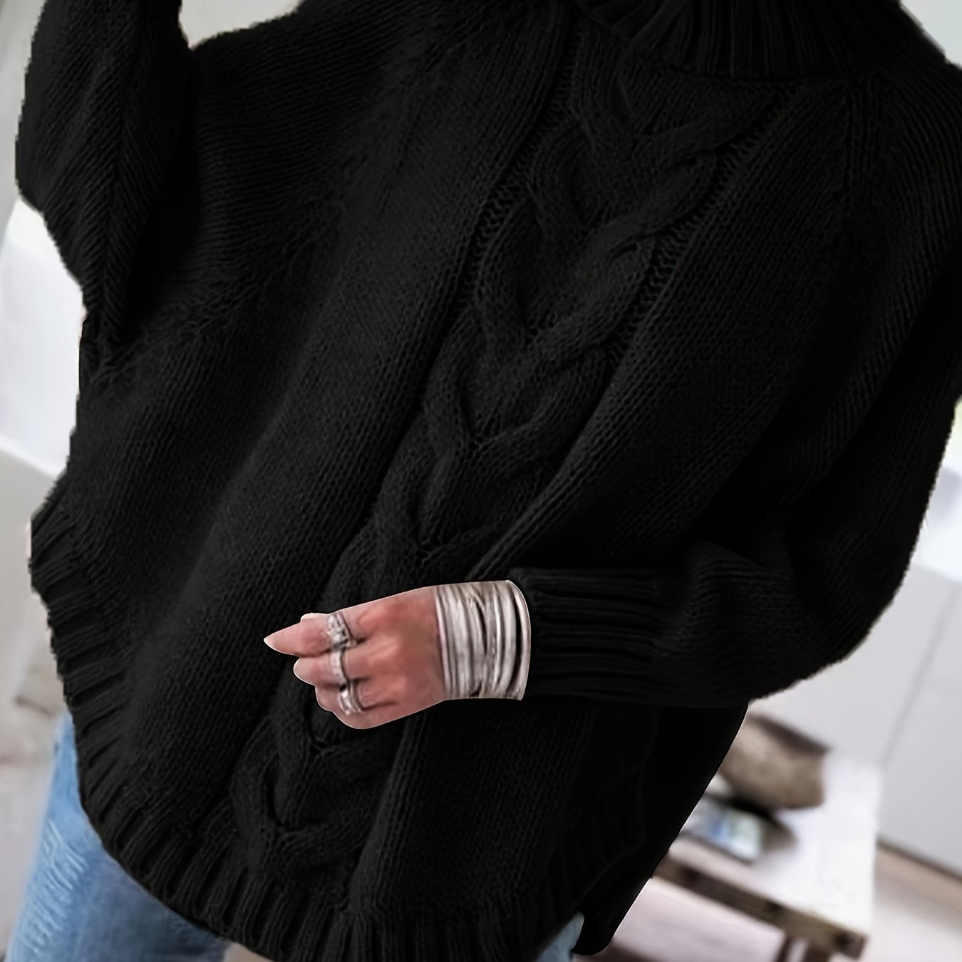 Women'S Vintage-Inspired Black Cable Sweater with High Neck, Loose Fit, Fall & Winter Style - Casual, Everyday Pullover for Autumn and Winter, Autumn Winter Apparel | Vintage Sweater | Cable Pattern, Sweater Dress