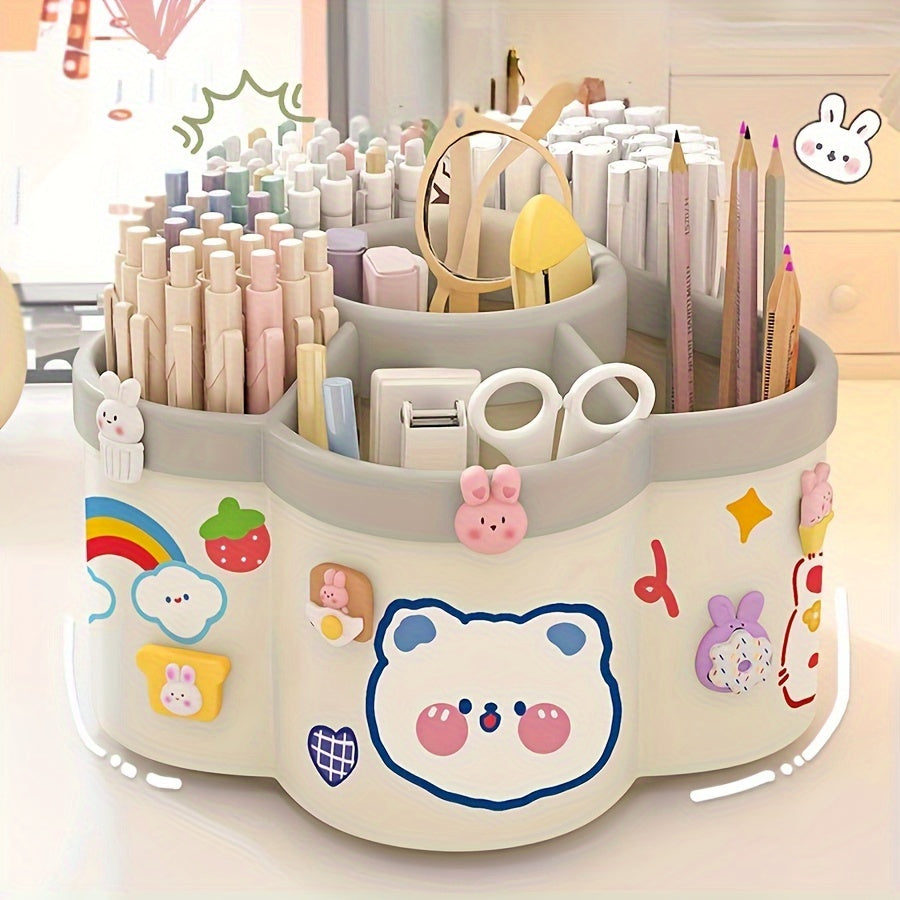 1pc Rotating Desktop Organizer - 360-Degree Cute Rotating Pen Holder, Extra-Large Capacity Multi-Function Desktop Stationery Pen Holder Storage Box