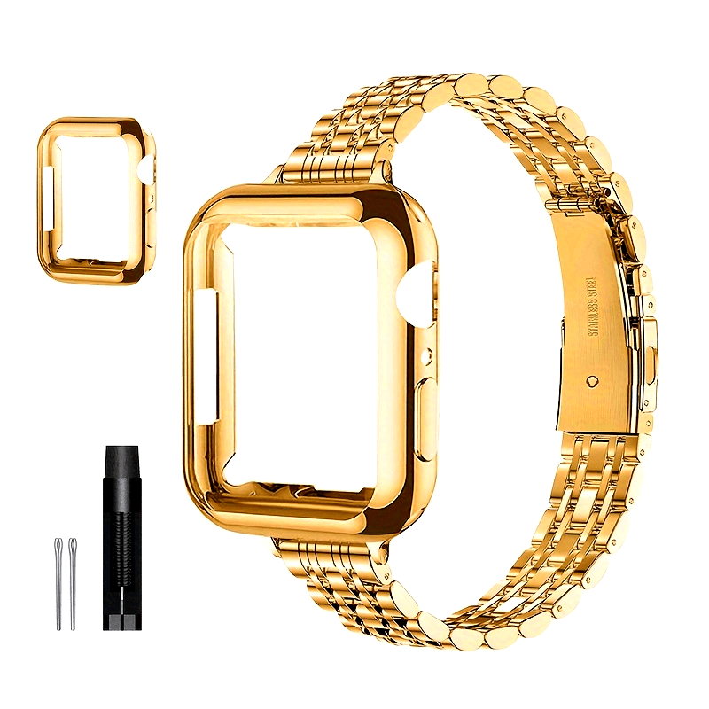 [Elegant Watch Band] Gold-Plated Stainless Steel 1pc Watch Band | Foldover Clasp and Protective Case for Apple Watch, Compatible with iWatch Series 1-9/SE/SE2, Elegant Women's Wristband Accessory