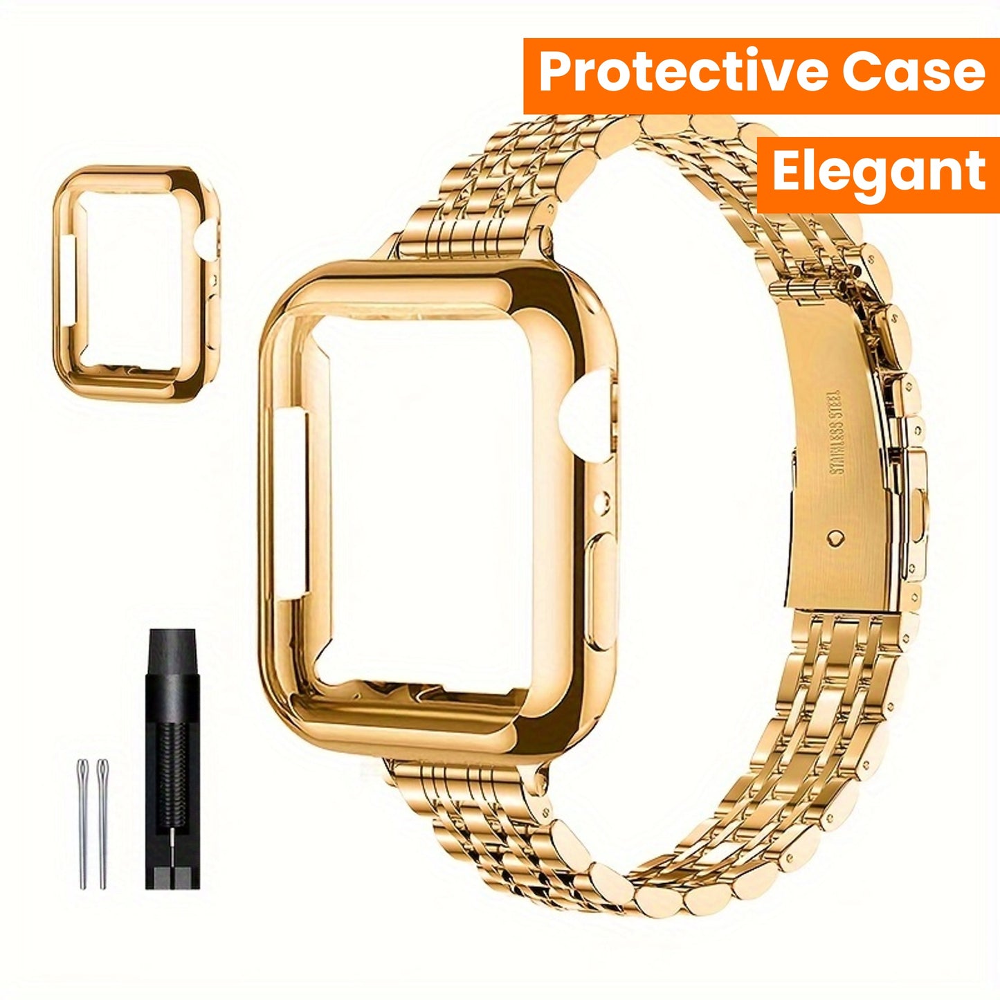 [Elegant Watch Band] Gold-Plated Stainless Steel 1pc Watch Band | Foldover Clasp and Protective Case for Apple Watch, Compatible with iWatch Series 1-9/SE/SE2, Elegant Women's Wristband Accessory