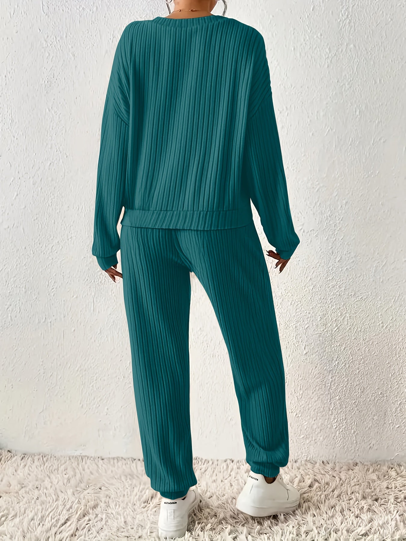 Stylish Solid Color Casual Long Sleeve Pantsuit for Women - V-Neck Ribbed Knit Top and Joggers Set, Perfect for Fall/Winter