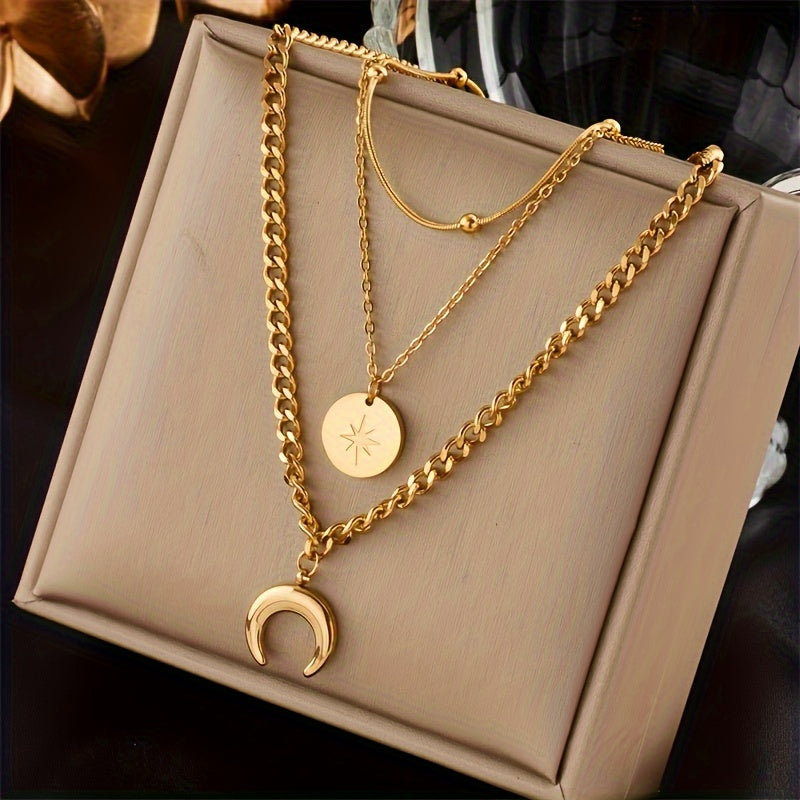 Stainless Steel Golden 3 Layer Shine Crescent Moon Pendant Necklace Women Trend Chain Neck Jewelry Gift, Gift for Eid, Ramadan