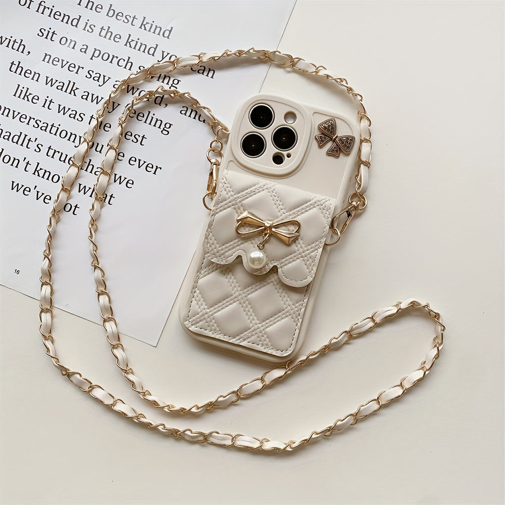Diamond Grid Bow Card Phone Case Suitable for iPhone 15Promax/14plus with Lanyard Can Be Carried Obliquely 12pro/13promax Full Cover 12Mini/13Mini Soft Case 11 Protective Case Coin Purse