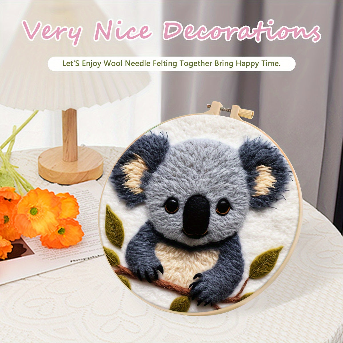 20Cm/7.87In Felt Koala Needle Felting Kit: DIY Fleece Felt Art with Hoop, Needles, Cloth, and Instruction Manual for Beginners and Home Decor