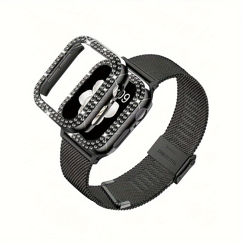 Dial Milan + Diamond Shell Golden Black Rose Golden Breathable Stainless Steel Braided Mesh Metal Strap Adjustable Suitable for iWatch series se s9 8 7 6 5 4 3 2 1 Series 2pcs Combination High-end Luxury Anti-collision Anti-scratch PC Hard Material Inlaid