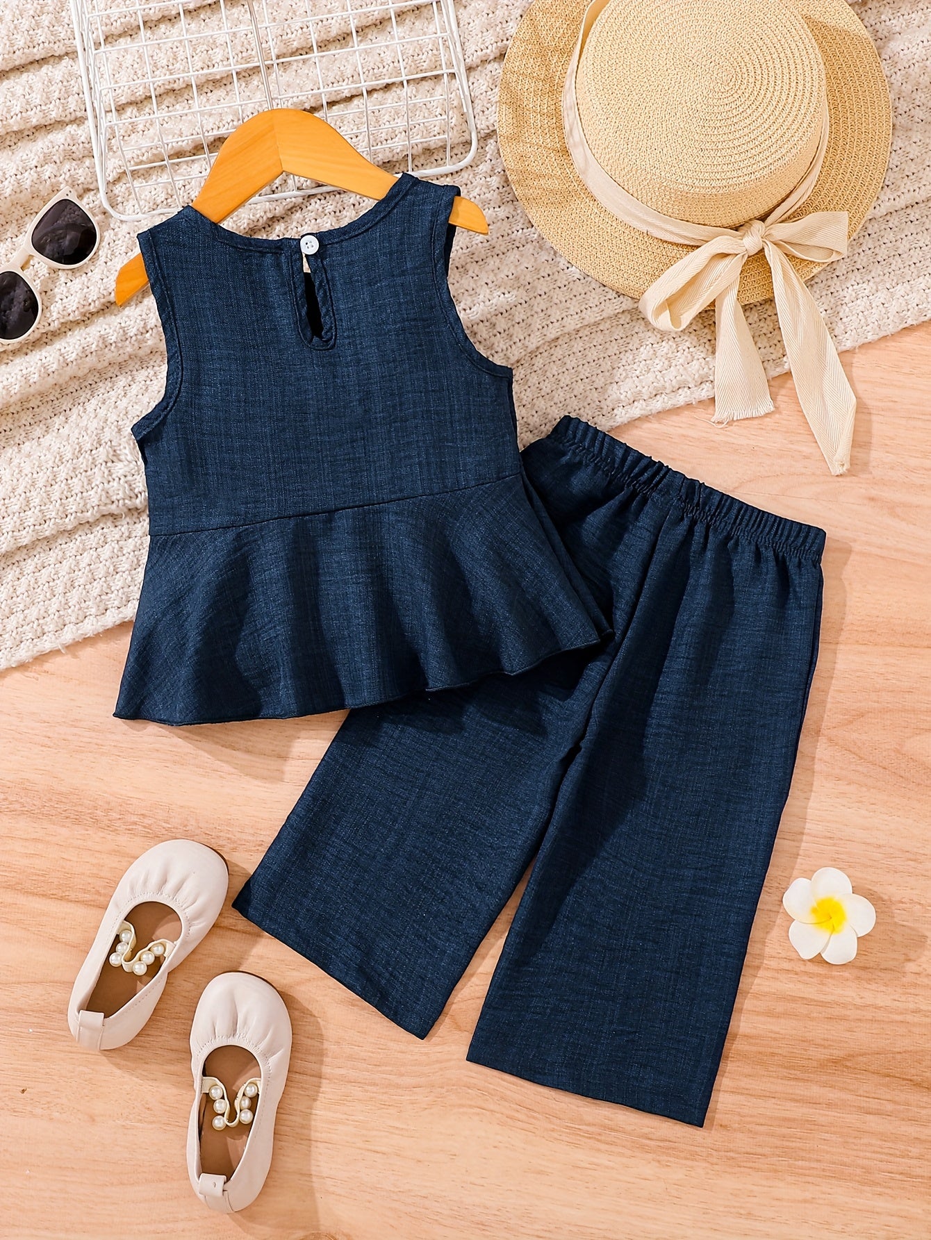 2pcs Young Girl Beach Vacation Set: Sleeveless Ruffle Hem Shirt + Wide Leg Pants, Sister Outfit, Perfect for Outdoor