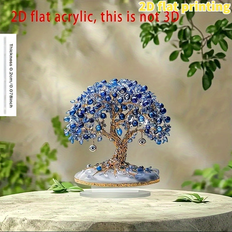 2D Flat, Elegant Turkish Evil Eye Tree Acrylic Desktop Decoration - Blue and Clear Beads, Golden Leaves, Eye Charm Design, No Electricity Required, Suitable for Home, Party, Window Display & Gift Giving, 2D Flat