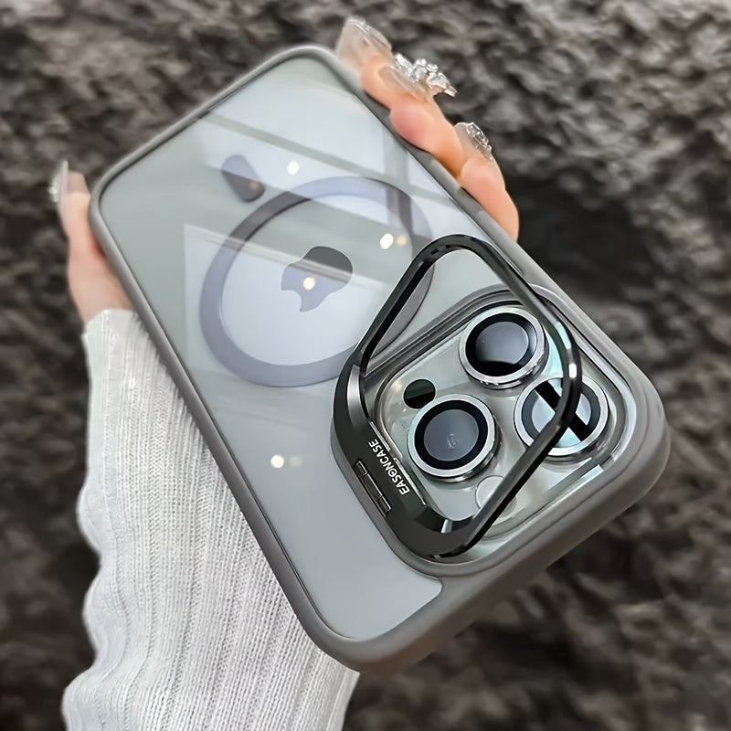 Simplified Magnetic Metal Frame Lens Protective Film/Bracket Three In One Phone Case Suitable for iPhone 16 16pro 16proMax 15 15Pro 15ProMax 14 14Pro 14ProMax 13 13Pro 13ProMax 12 12Pro 12ProMax 11 Acrylic Anti Drop Hard Shell Protective Case