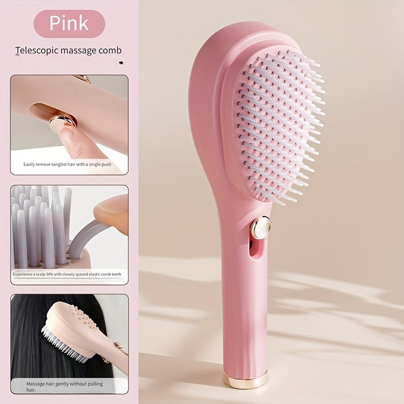 Telescopic Massage Comb for Hair & Scalp - Portable Foldable Hairbrush with Rubber Bristles & ABS Handle - Travel-Friendly Scalp Massager for Men & Women - Soft Pink & White Design, Hair Massager