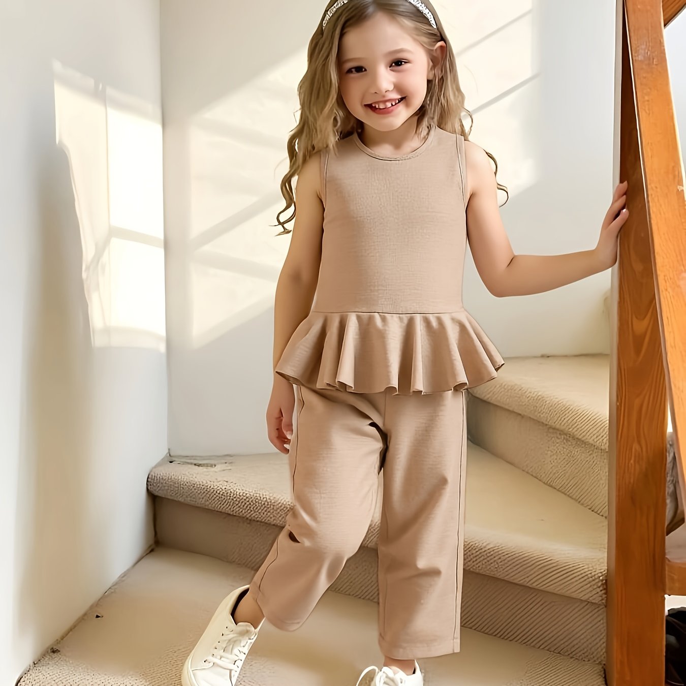 2pcs Young Girl Beach Vacation Set: Sleeveless Ruffle Hem Shirt + Wide Leg Pants, Sister Outfit, Perfect for Outdoor