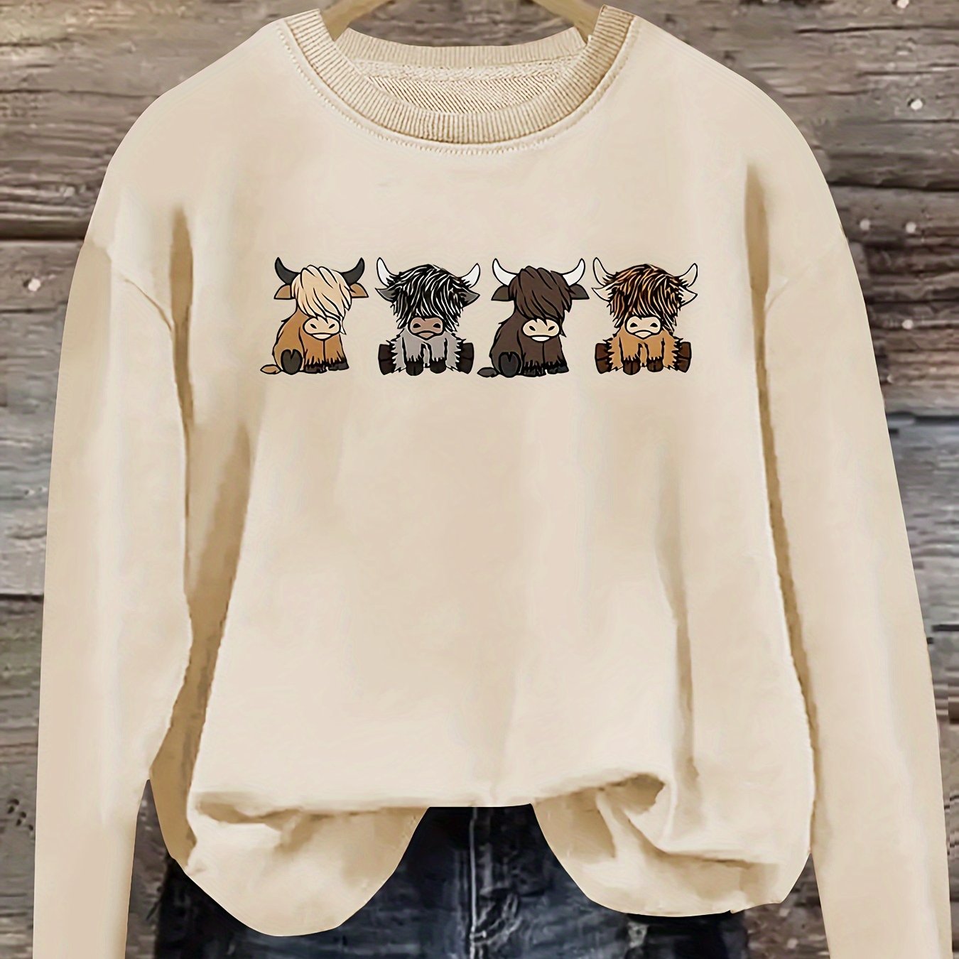 Women's Casual Long Sleeve Round Neck Sweatshirt - Cute Cartoon Cow Print Pullover, Cozy Beige Fall Winter Top, Machine Washable Regular Fit, Autumn Apparel, Comfortable Wear
