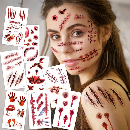 24 Sheets Halloween 3D Fake Scar Temporary Tattoos for Adults - Realistic Bloody Wound Designs for Face & Body, Perfect for Horror Cosplay, Masquerade Party, and Prank Makeup, Party Body Art | Graphic Tattoos | Detailed Tattoo Designs