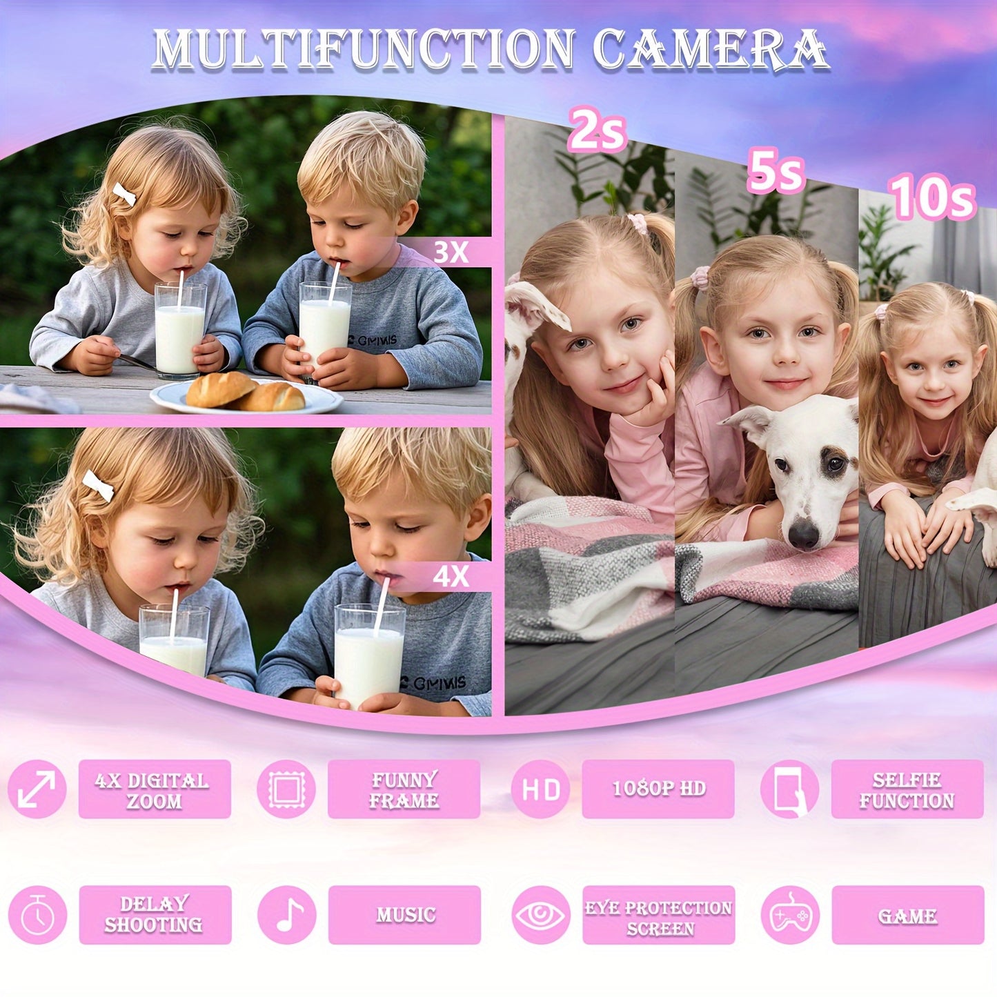 Unicorn-Themed Youngsters' HD Digital Camera with Front & Rear Lenses, Rechargeable Portable Toy with Video Games, 32GB Storage, USB Charging, Bright Pink/Purple, Perfect Birthday Gift for Boys & Girls Ages 3-12, Youngsters's Digital Camera | Whimsical De